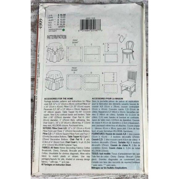 Butterick Pattern 4909 Pillow Cover, Placemats, Napkins, Chair Pads, Chair Cover - Picture 2 of 2